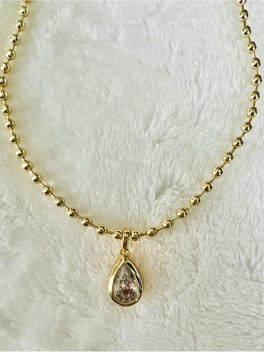 New 14K Gold Plated Bead Chain Necklace with 2 Carat Pear-Shape CZ Pendant!